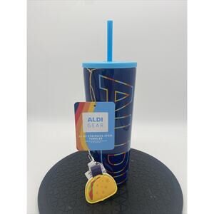 ALDI Stainless Steel Tumbler Blue Rainbow 24 fl oz Insulated With Key Chain